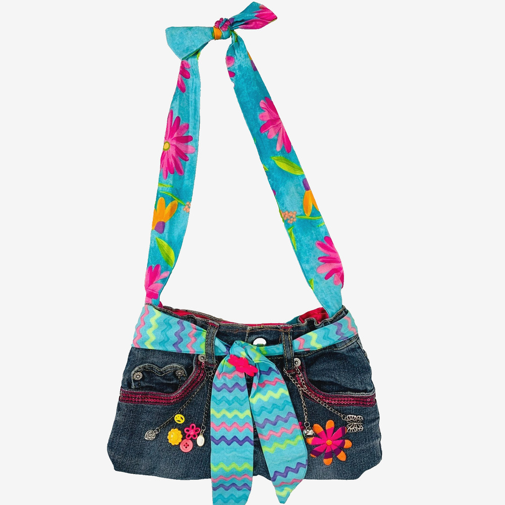 LEVI'S Denim Purse Floral Embroidered Heart Pockets Belt Charms Jean Bag EUC